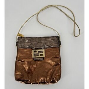 Y2K Cache Metallic Snakeskin Handbag Evening Crossbody Copper Bronze Gold Strap